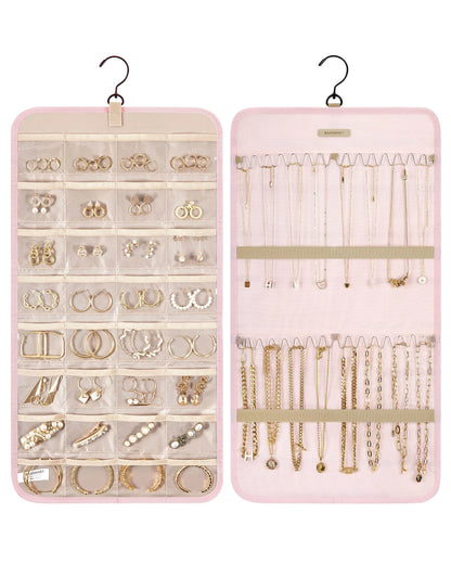 BAGSMART Hanging Jewelry Organizer Storage Roll with Hanger Metal Hooks Double-Sided Jewelry Holder for Earrings Necklaces Rings
