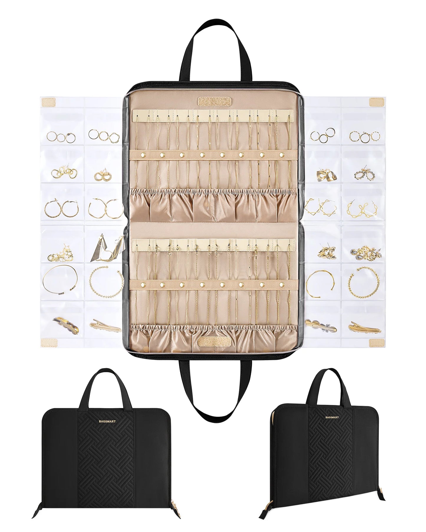 BAGSMART Hanging Jewelry Organizer Storage Roll with Hanger Metal Hooks Double-Sided Jewelry Holder for Earrings Necklaces Rings