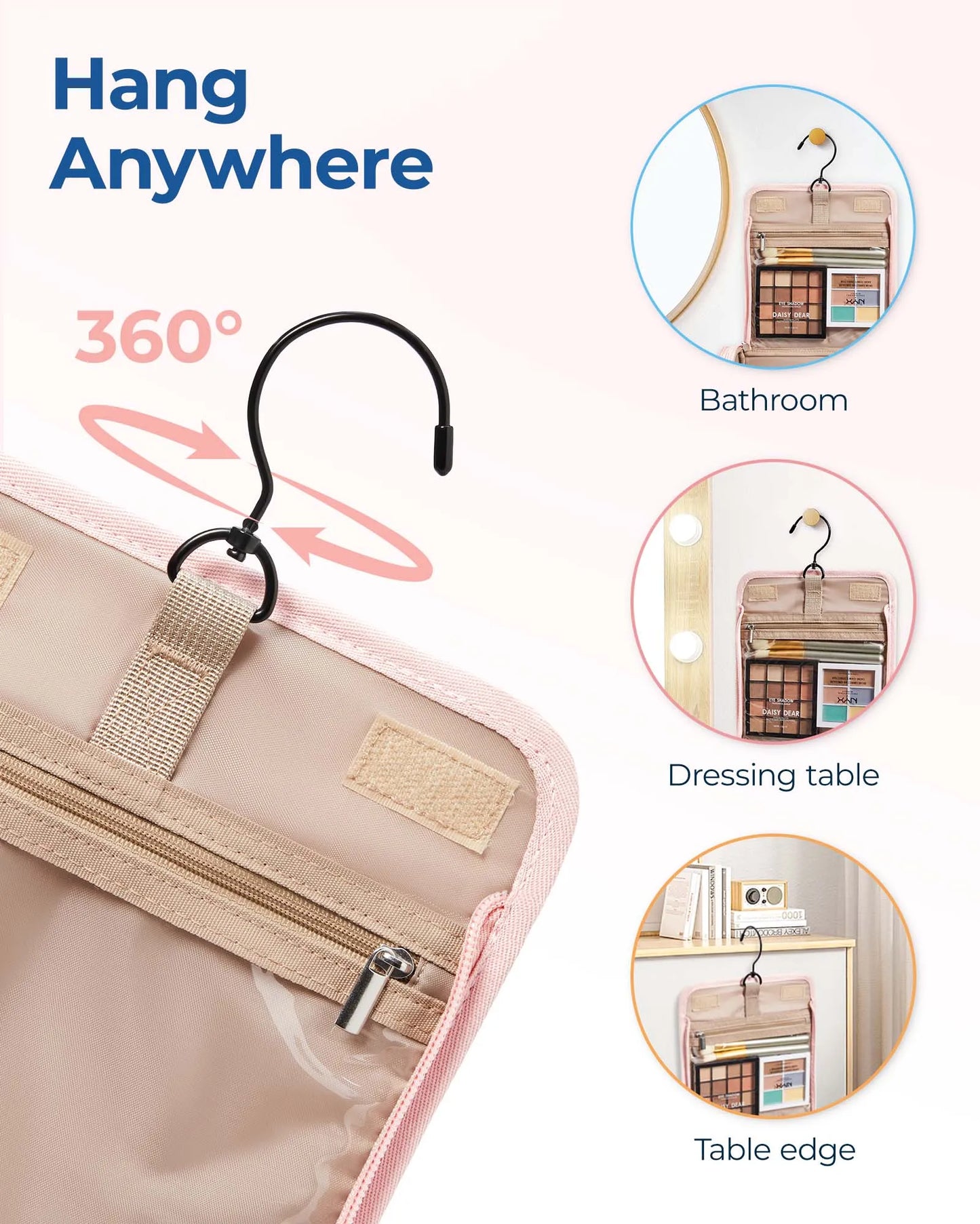 BAGSMART Makeup Bag Cosmetic Travel Bag with Hanging Hook Waterproof Make Up Bag Organizer for Brushes Sponge Toiletries