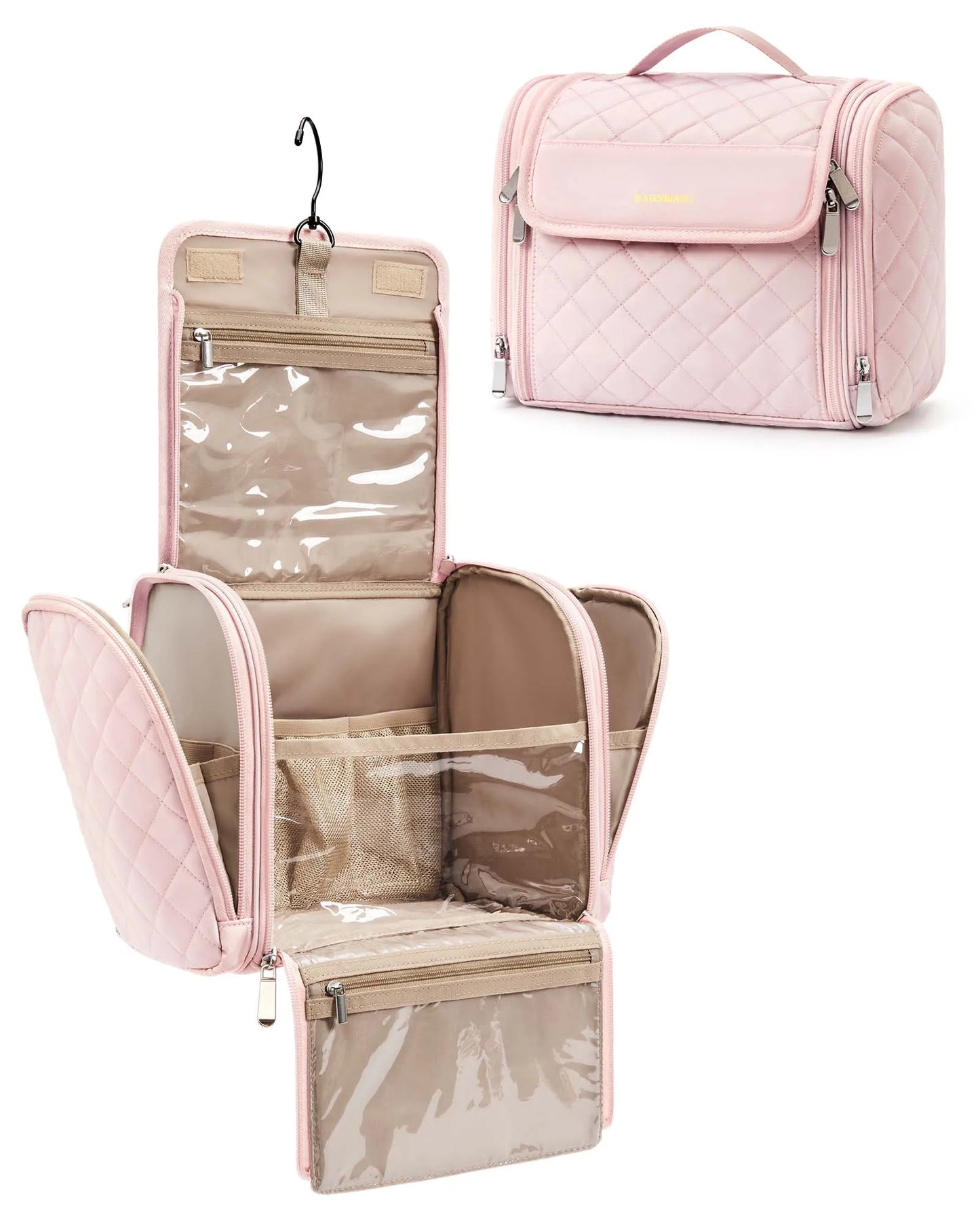 BAGSMART Makeup Bag Cosmetic Travel Bag with Hanging Hook Waterproof Make Up Bag Organizer for Brushes Sponge Toiletries