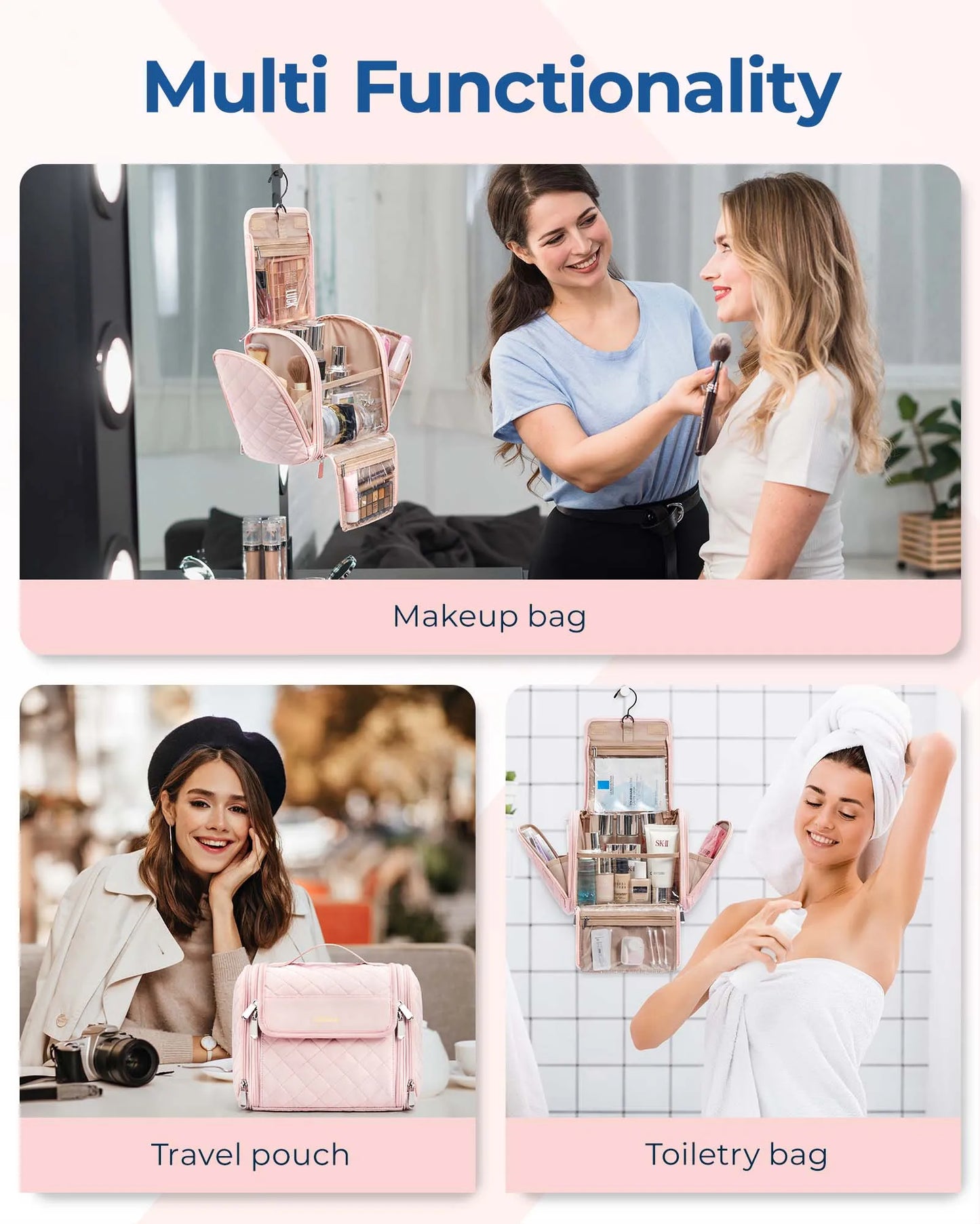 BAGSMART Makeup Bag Cosmetic Travel Bag with Hanging Hook Waterproof Make Up Bag Organizer for Brushes Sponge Toiletries