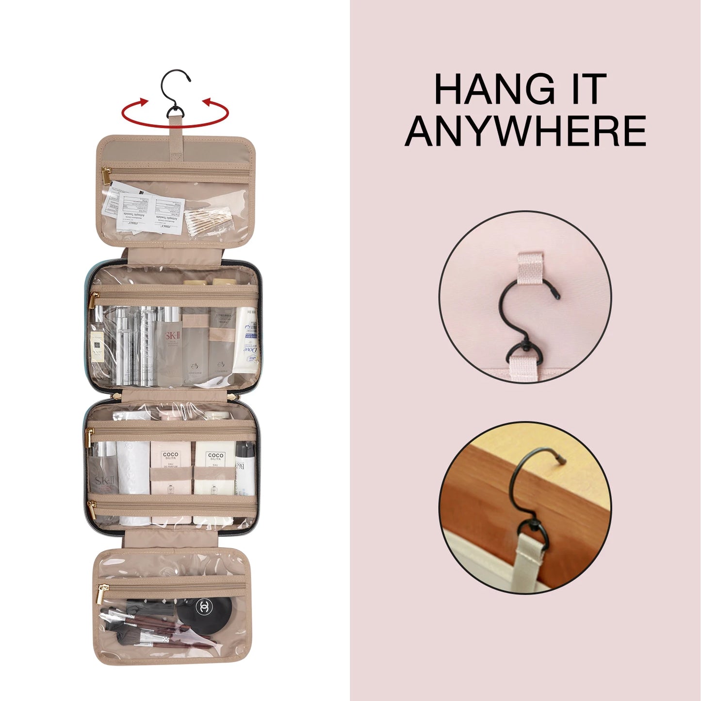 BAGSMART Toiletry Bag with Hanging Hook Water-resistant Makeup Bag Travel Organizer for Shampoo Full Sized Container Toiletries