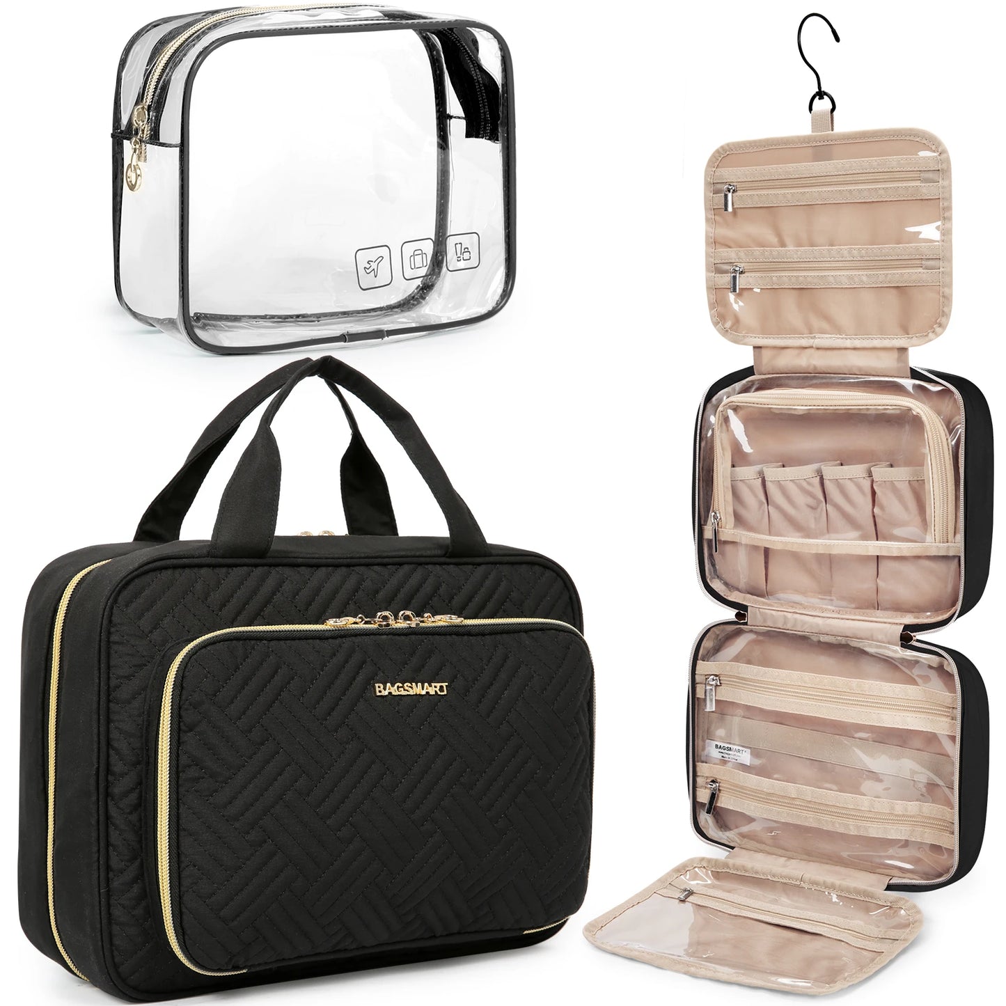 BAGSMART Toiletry Bags For Women Make Up Pouch with TSA Transparent Cosmetic Bag Hanging Travel Toiletries Organizer Handbag