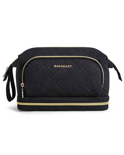 BAGSMART Travel Cosmetic Case Double Layer Makeup Organizer Bag with Adjustable Dividers Water-resistant Leather Cosmetic Case