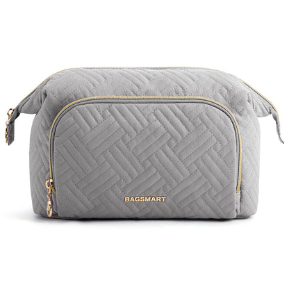 BAGSMART Travel Cosmetic Case Double Layer Makeup Organizer Bag with Adjustable Dividers Water-resistant Leather Cosmetic Case