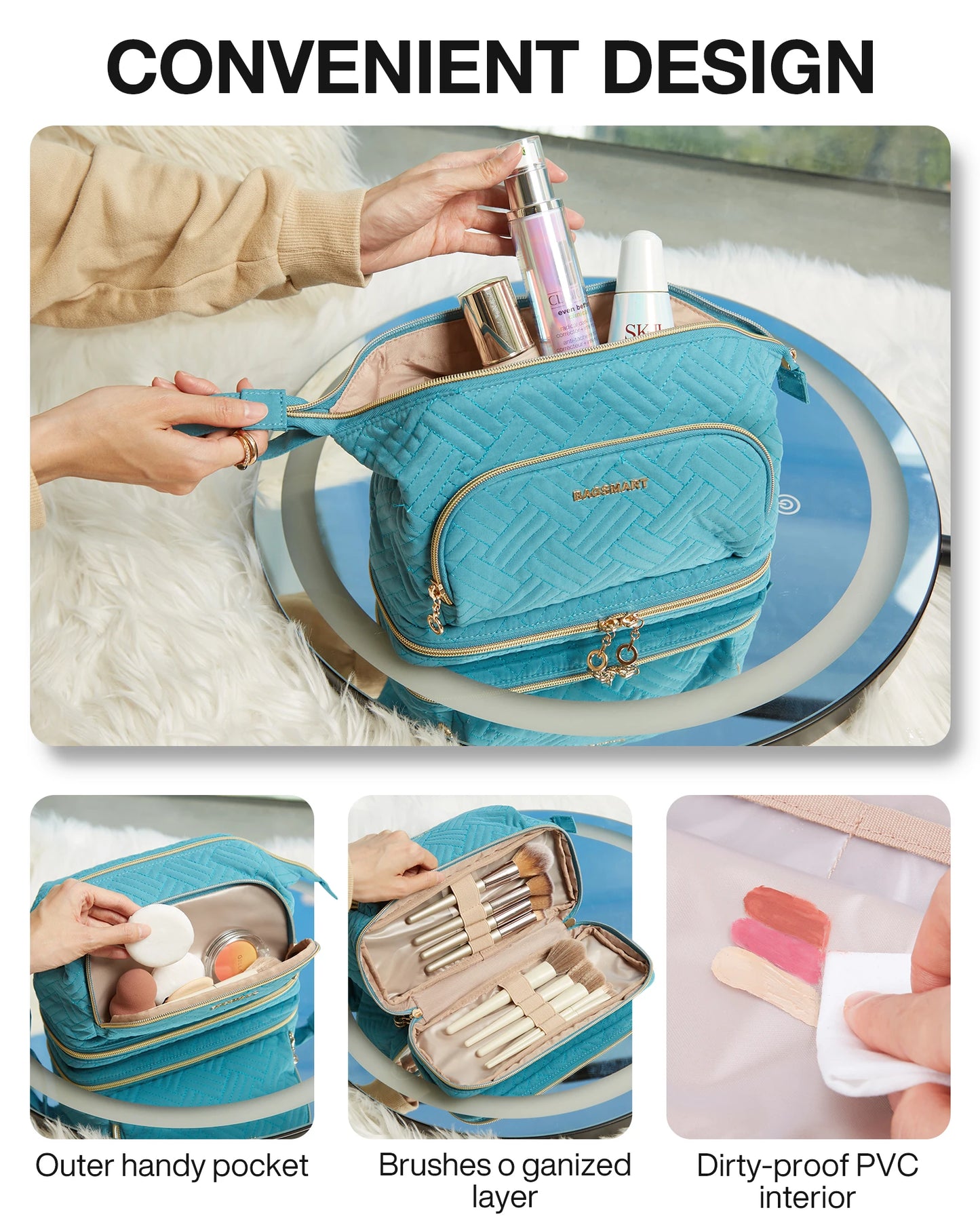 BAGSMART Travel Cosmetic Case Double Layer Makeup Organizer Bag with Adjustable Dividers Water-resistant Leather Cosmetic Case