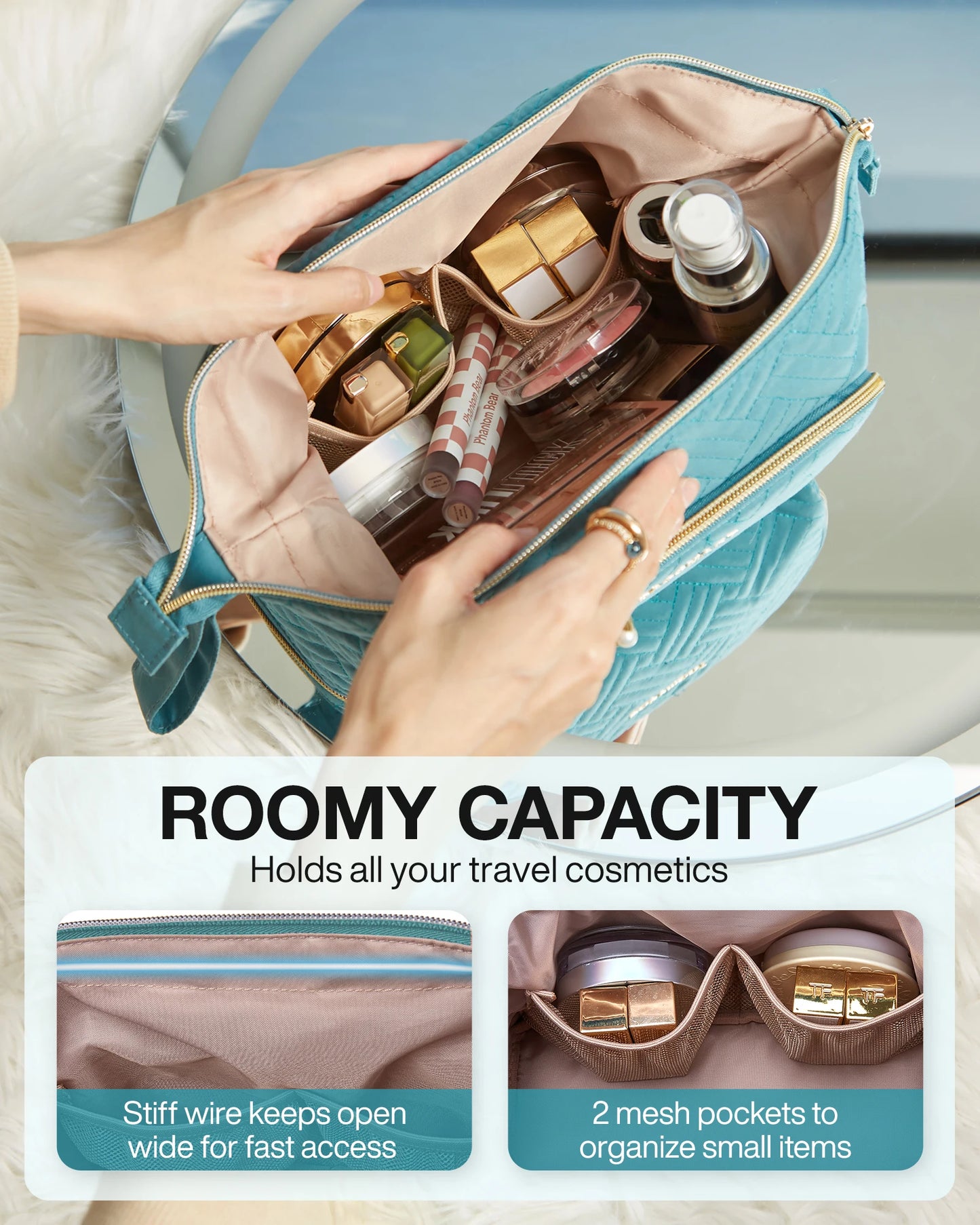 BAGSMART Travel Cosmetic Case Double Layer Makeup Organizer Bag with Adjustable Dividers Water-resistant Leather Cosmetic Case