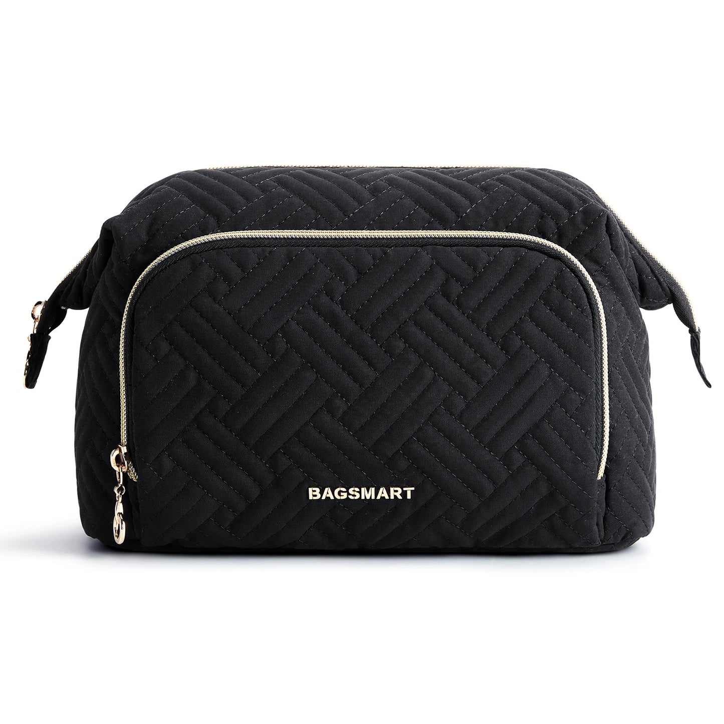 BAGSMART Travel Cosmetic Case Double Layer Makeup Organizer Bag with Adjustable Dividers Water-resistant Leather Cosmetic Case
