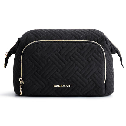BAGSMART Travel Cosmetic Case Double Layer Makeup Organizer Bag with Adjustable Dividers Water-resistant Leather Cosmetic Case