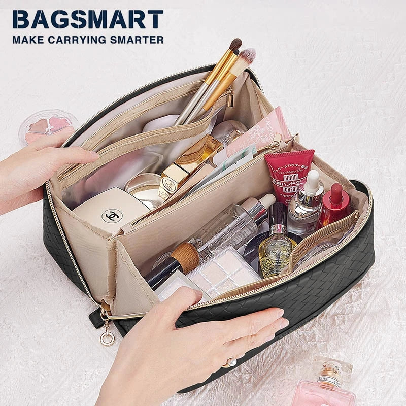 BAGSMART Travel Makeup Bag Cosmetic Bag for Women PU leather Portable Water-resistent Pouch Make Up Organizer Bag for Toiletries