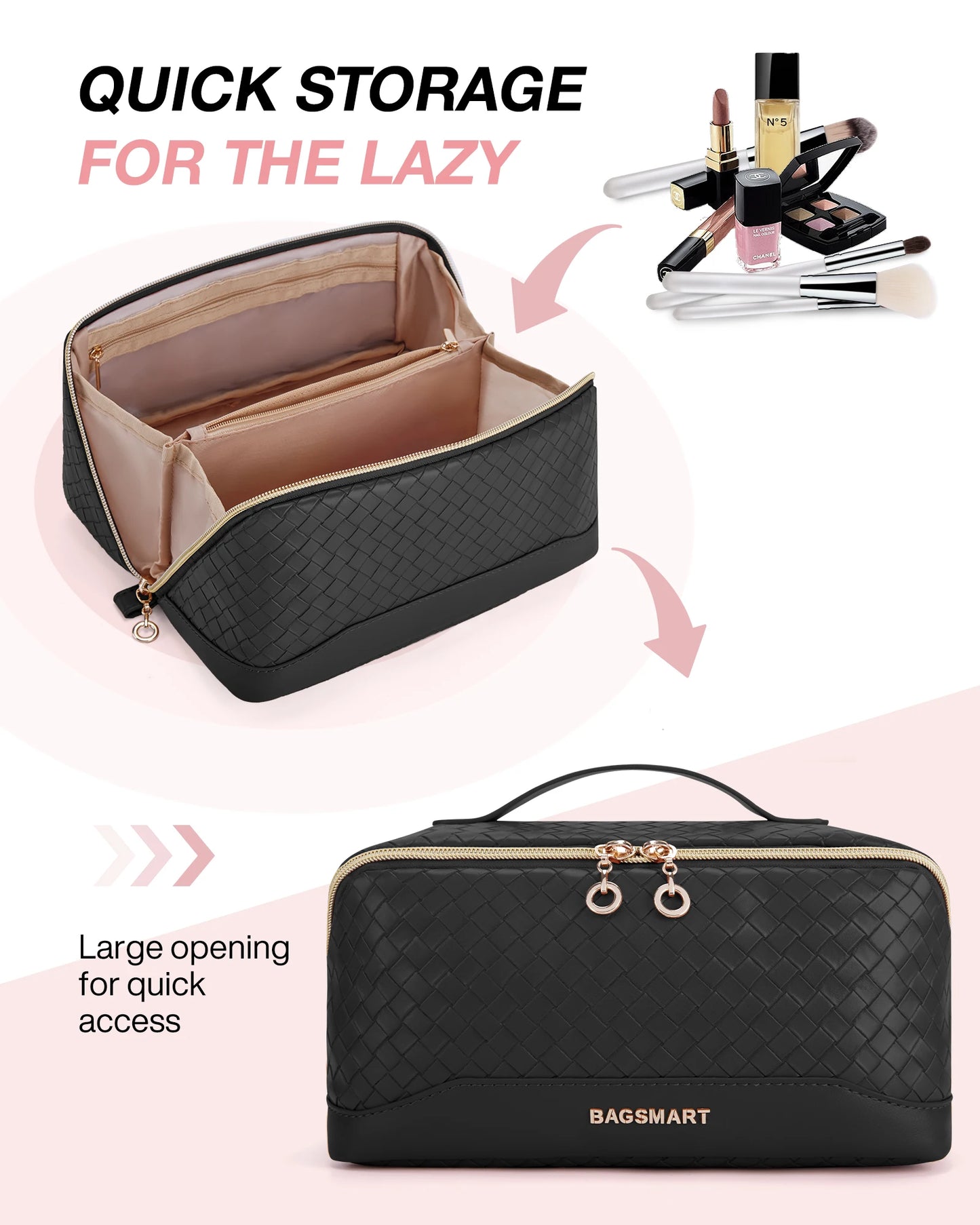 BAGSMART Travel Makeup Bag Cosmetic Bag for Women PU leather Portable Water-resistent Pouch Make Up Organizer Bag for Toiletries