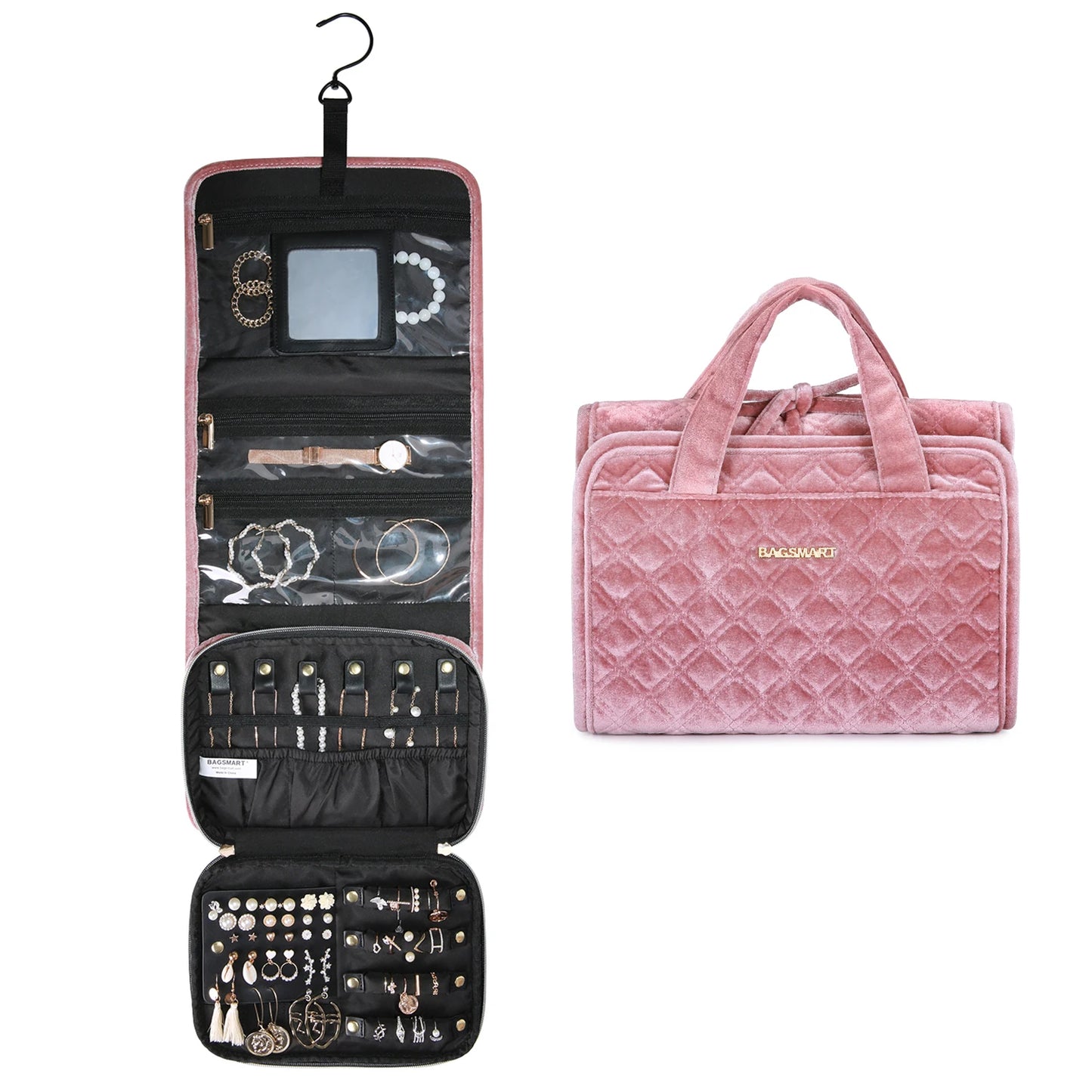 BAGSMART Velvet Hanging Jewelry Organizer Roll with Hook Large Capacity Foldable Travel Jewelry Case for Rings Necklaces Earring