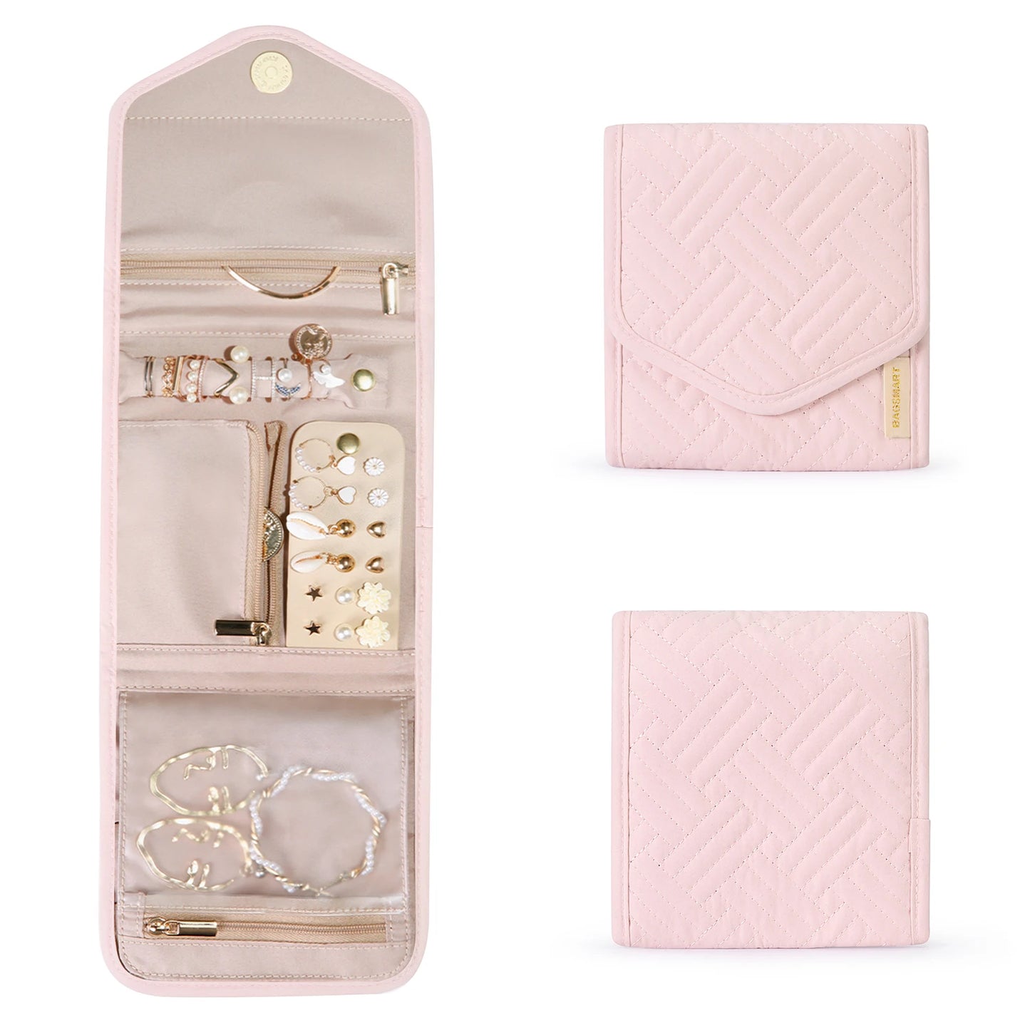 BAGSMART Women Jewelry Storage for  Roll Foldable Portable Jewelry Box Travel Ring Necklace Bracelet Earrings Holder Light Pink