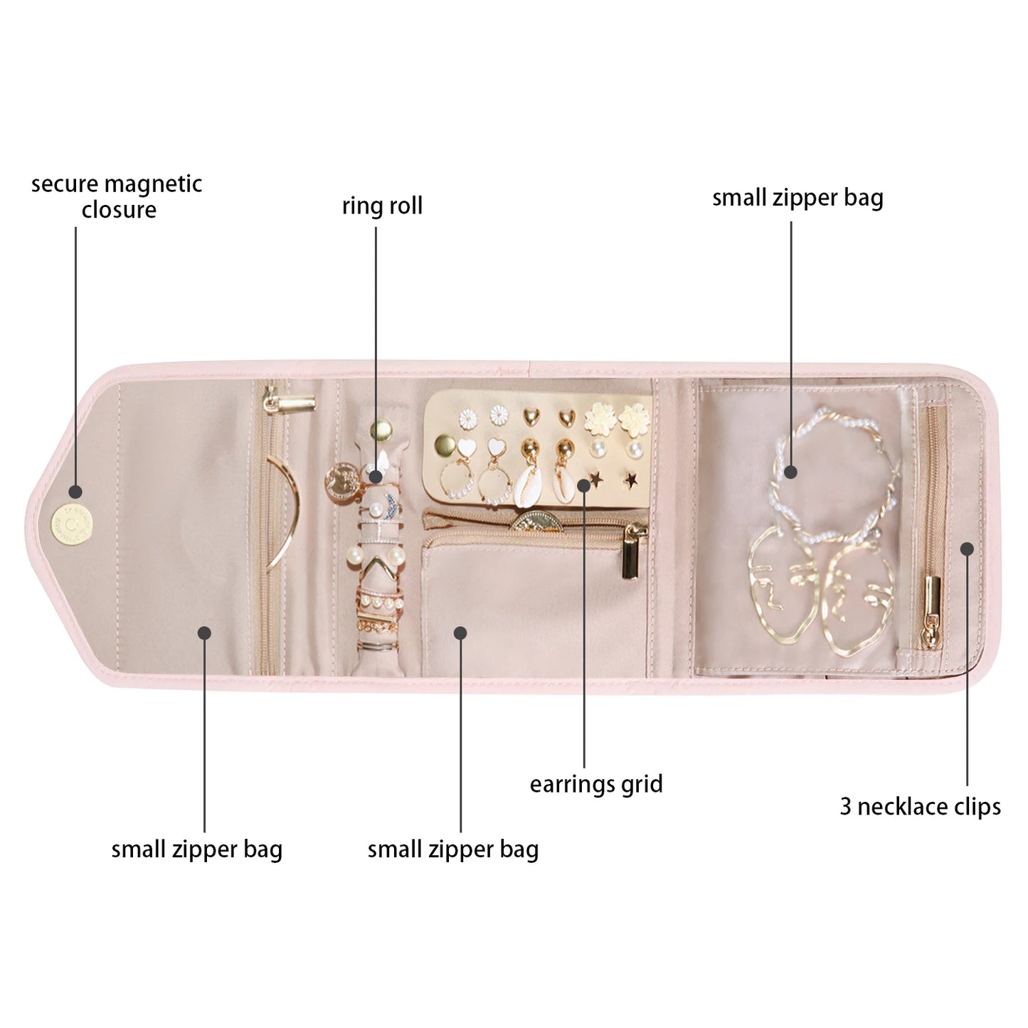 BAGSMART Women Jewelry Storage for  Roll Foldable Portable Jewelry Box Travel Ring Necklace Bracelet Earrings Holder Light Pink