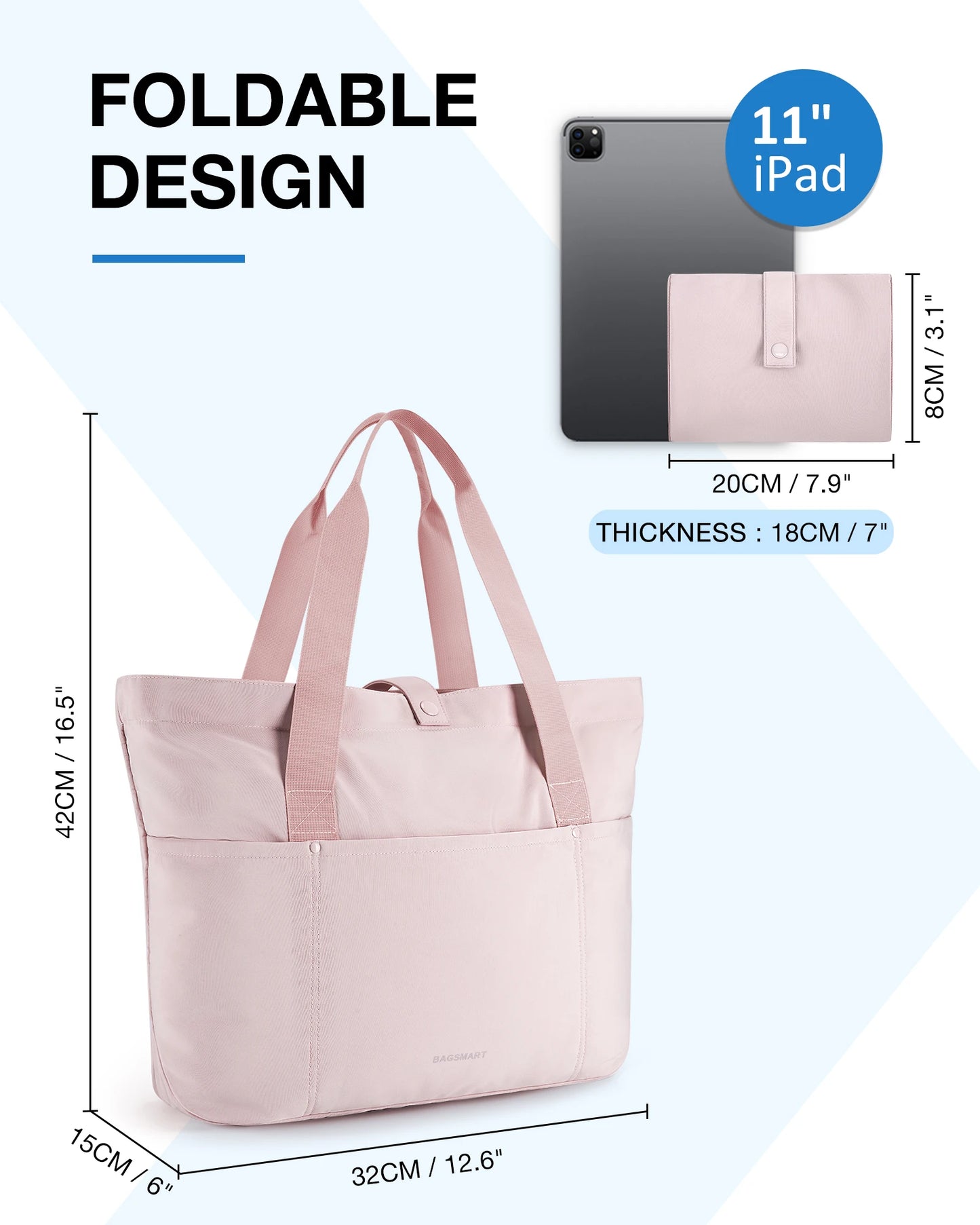 BAGSMART Women Tote Bag 20L Waterproof Folding Travel Bag With Zipper Shoulder Bag Handbag for Travel Work School