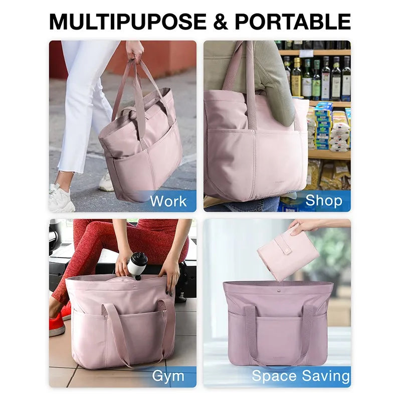 BAGSMART Women Tote Bag 20L Waterproof Folding Travel Bag With Zipper Shoulder Bag Handbag for Travel Work School