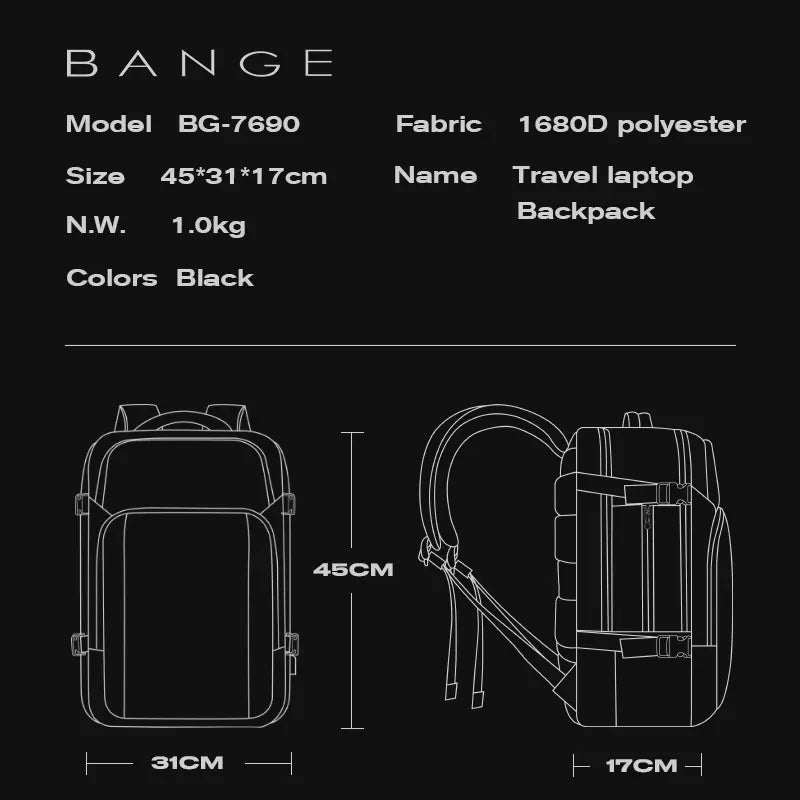 BANGE Mochila viagem Capacity USB Rechargable Travel Backpacks Men 15.6 inch Laptop Backpack Waterproof Outdoor Bag for Male