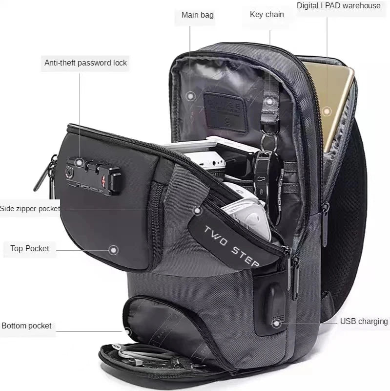 BANGE Multi functional Men's Oxford Crossbody Bag Anti-theft Shoulder Bags Short Trip Messenger USB Charging Chest Bag Pack