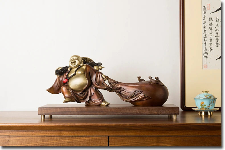 BEST good luck buddha statue home Company thriving business Money Drawing Maitreya God of wealth brass Sculpture statue