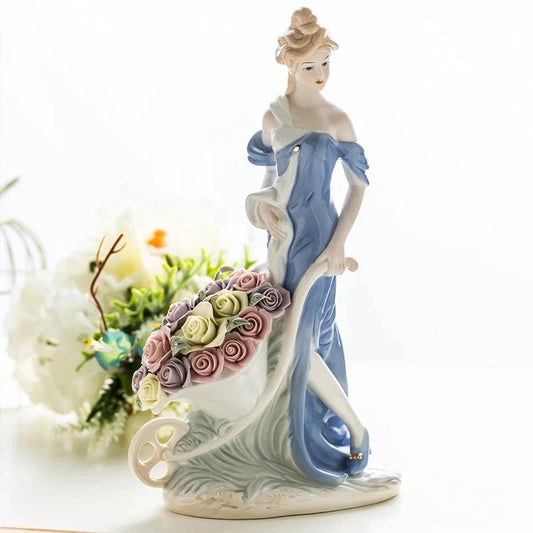 BIG 35CM EUROPEAN CERAMICS ROSE LADY ART SCULPTURE RETRO PORCELAIN GIRL FIGURE FIGURINE CHARACTER STATUE CRAFT HOME ORNAMENT