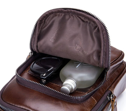 BULL CAPTAIN Genuine Leather Men's Sling Chest Bags Travel Sports Hiking Multi-Functional Male Fanny Pack With Earphone Port