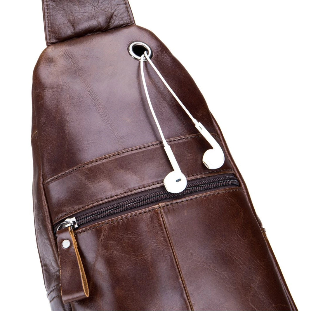 BULL CAPTAIN Genuine Leather Men's Sling Chest Bags Travel Sports Hiking Multi-Functional Male Fanny Pack With Earphone Port