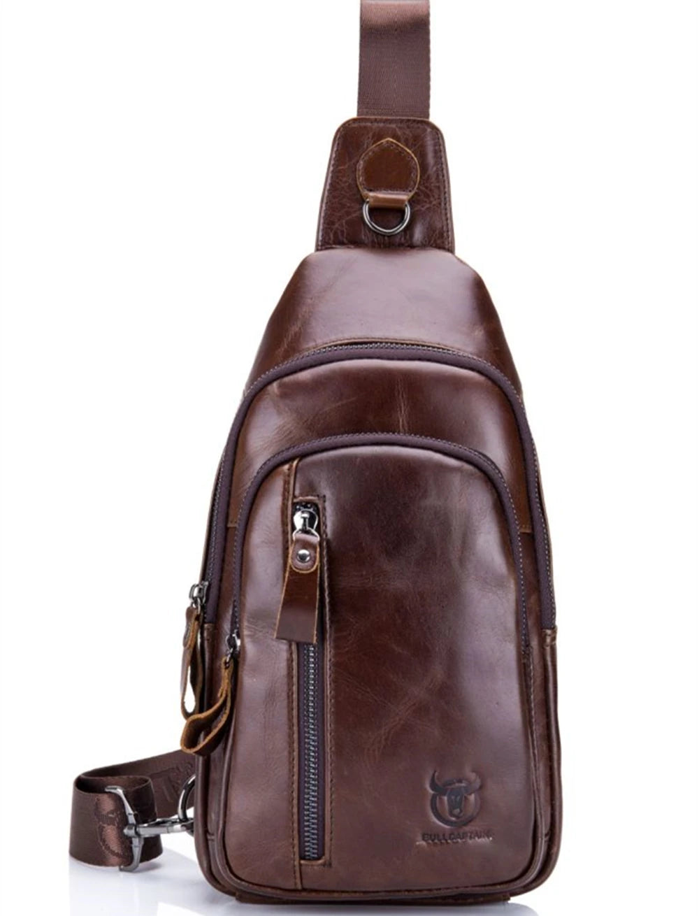 BULL CAPTAIN Genuine Leather Men's Sling Chest Bags Travel Sports Hiking Multi-Functional Male Fanny Pack With Earphone Port