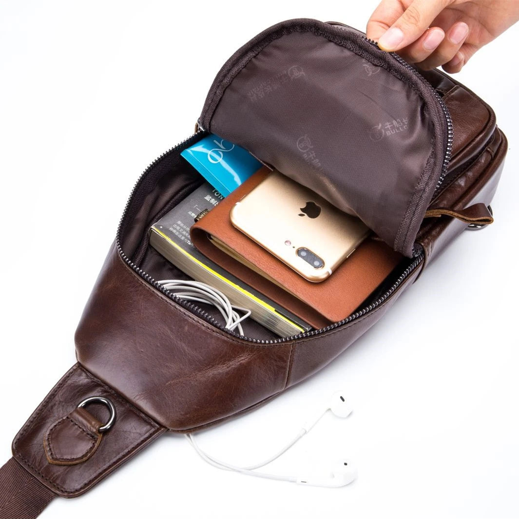 BULL CAPTAIN Genuine Leather Men's Sling Chest Bags Travel Sports Hiking Multi-Functional Male Fanny Pack With Earphone Port