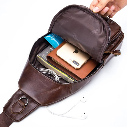 BULL CAPTAIN Genuine Leather Men's Sling Chest Bags Travel Sports Hiking Multi-Functional Male Fanny Pack With Earphone Port