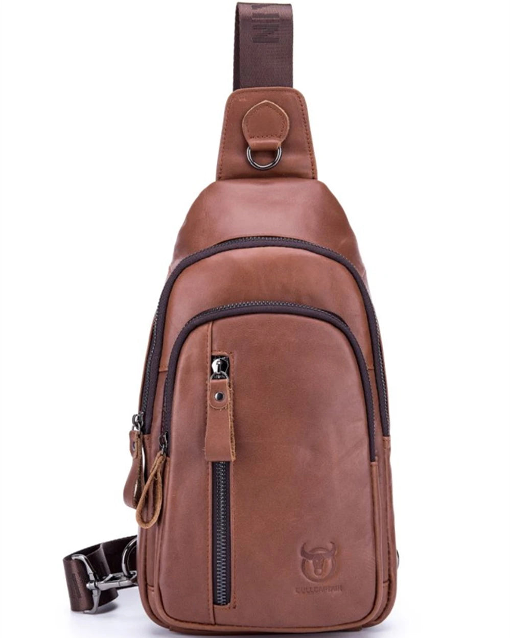 BULL CAPTAIN Genuine Leather Men's Sling Chest Bags Travel Sports Hiking Multi-Functional Male Fanny Pack With Earphone Port