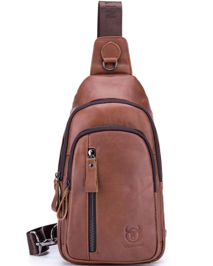 BULL CAPTAIN Genuine Leather Men's Sling Chest Bags Travel Sports Hiking Multi-Functional Male Fanny Pack With Earphone Port