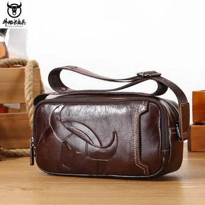 BULLCAPTAIN Men's Genuine Leather Business Leisure Crossbody Bag Multi Functional Horizontal Shoulder Small Satchel
