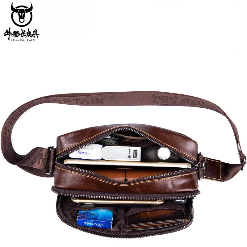 BULLCAPTAIN Men's Genuine Leather Business Leisure Crossbody Bag Multi Functional Horizontal Shoulder Small Satchel