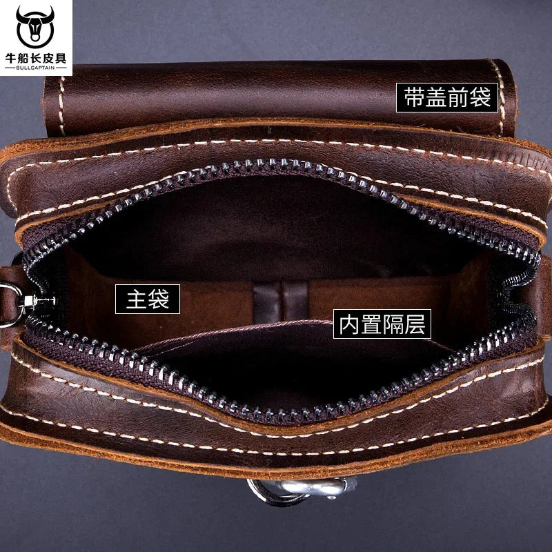 BULLCAPTAIN Men's Genuine Leather Waist Packs Casual Belt Mobile Phone 100% Cowhide Men Small Shoulder Crossbody Bag