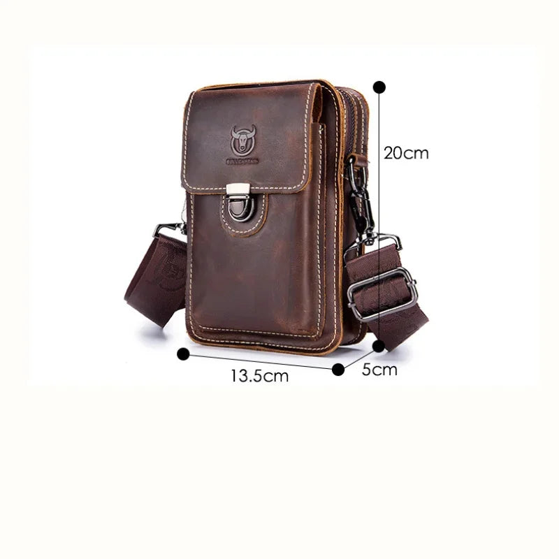 BULLCAPTAIN Men's Genuine Leather Waist Packs Casual Belt Mobile Phone 100% Cowhide Men Small Shoulder Crossbody Bag