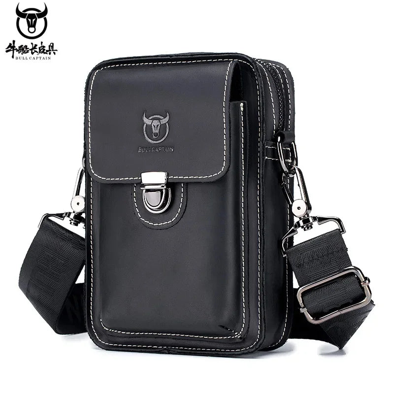 BULLCAPTAIN Men's Genuine Leather Waist Packs Casual Belt Mobile Phone 100% Cowhide Men Small Shoulder Crossbody Bag