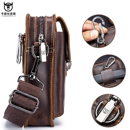 BULLCAPTAIN Men's Genuine Leather Waist Packs Casual Belt Mobile Phone 100% Cowhide Men Small Shoulder Crossbody Bag