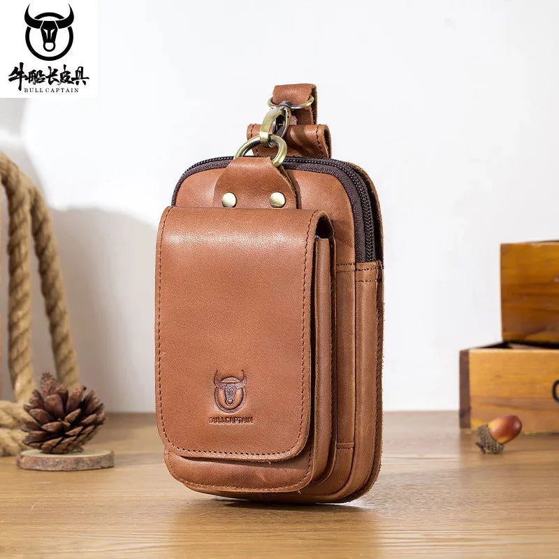 BULLCAPTAIN New 100% Genuine Leather Male 4.5.5 Inch Phone Pouch s Waist Men's Small Belt Bag Hook Fanny Pack