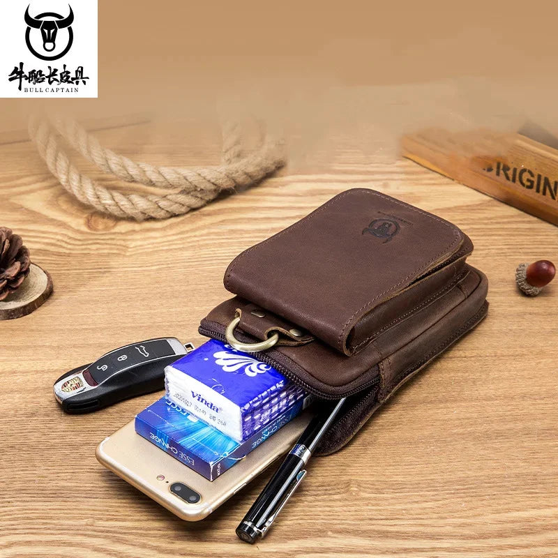 BULLCAPTAIN New 100% Genuine Leather Male 4.5.5 Inch Phone Pouch s Waist Men's Small Belt Bag Hook Fanny Pack