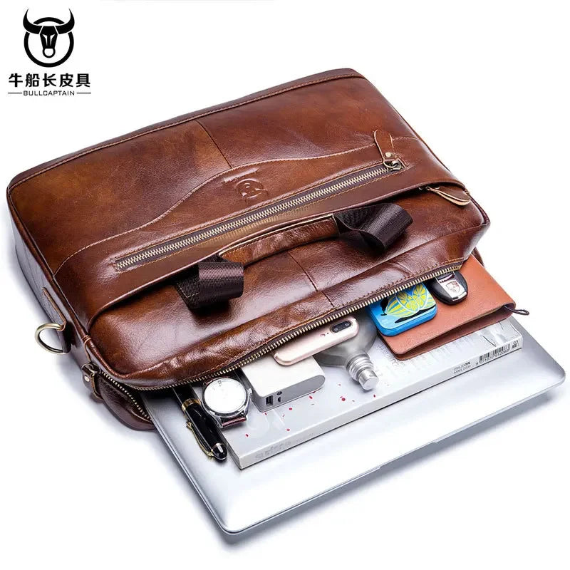 BULLCAPTAIN New Men's Genuine Leather Laptop Fashion Retro Cowhide Messenger /shoulder Bag Leisure Business Briefcase