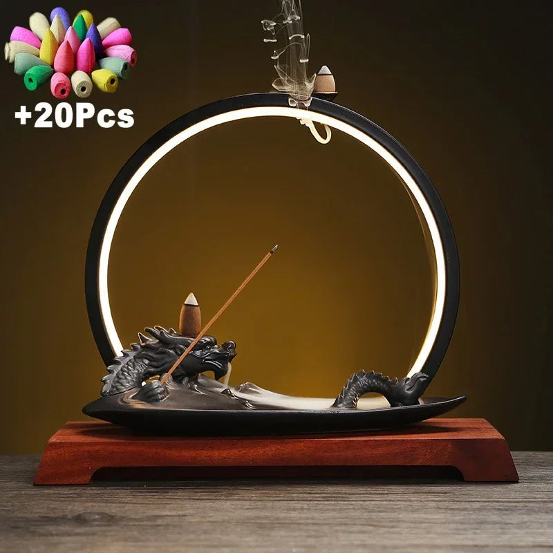 Backflow Incense Burner Incense Stick Holder Led Dragon Aromatherapy Ornament Home Decor Yoga + 20Pcs Upgraded Incense Cones