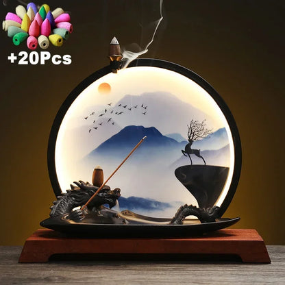 Backflow Incense Burner Incense Stick Holder Led Dragon Aromatherapy Ornament Home Decor Yoga + 20Pcs Upgraded Incense Cones