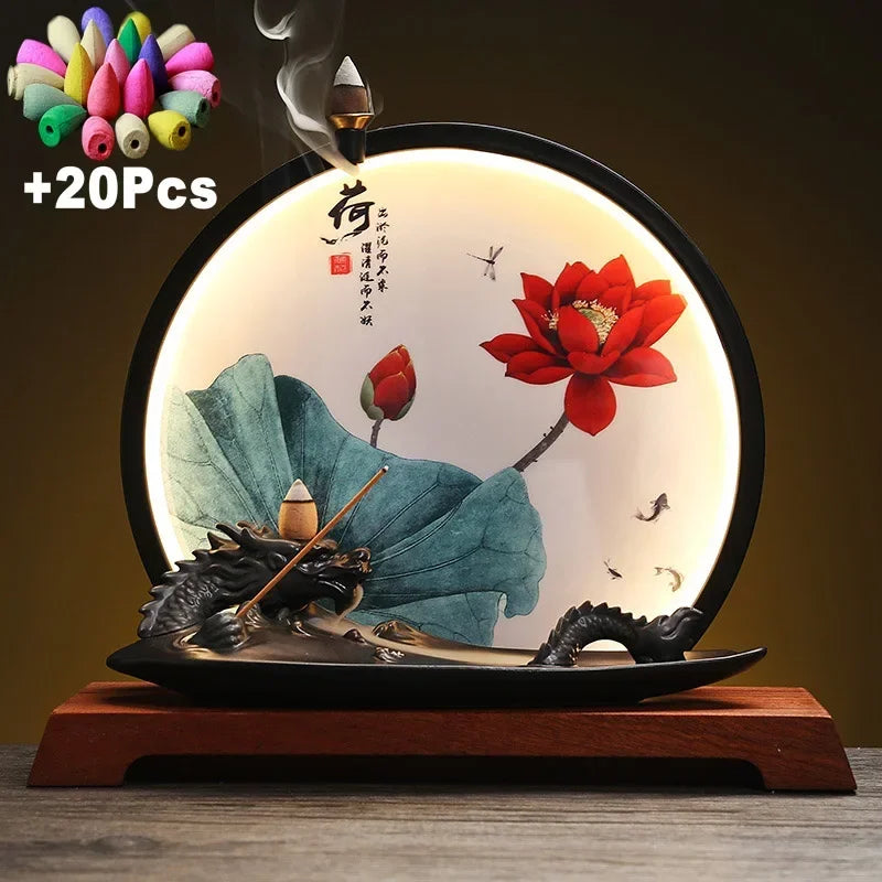 Backflow Incense Burner Incense Stick Holder Led Dragon Aromatherapy Ornament Home Decor Yoga + 20Pcs Upgraded Incense Cones