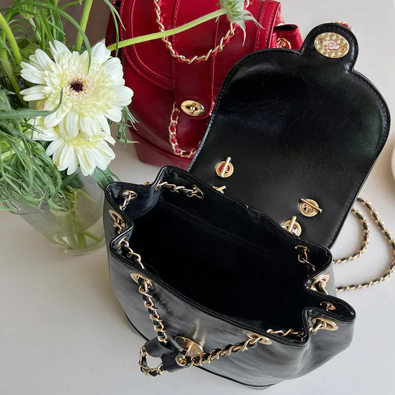 Backpack Women's New Style High-end First-layer Cowhide Bag Small Fragrance Fashion Women's Chain Backpack