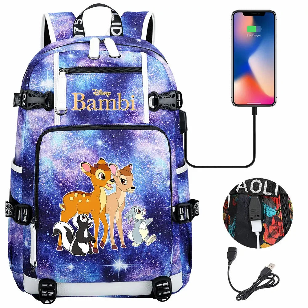 Bambi USB Teenagers Schoolbags Women Men Laptop Travel Backpack Girl Boys Kids School Book Bags