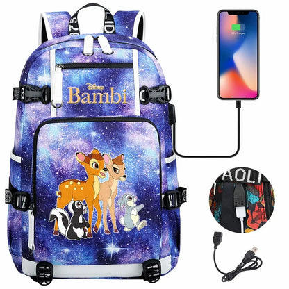 Bambi USB Teenagers Schoolbags Women Men Laptop Travel Backpack Girl Boys Kids School Book Bags