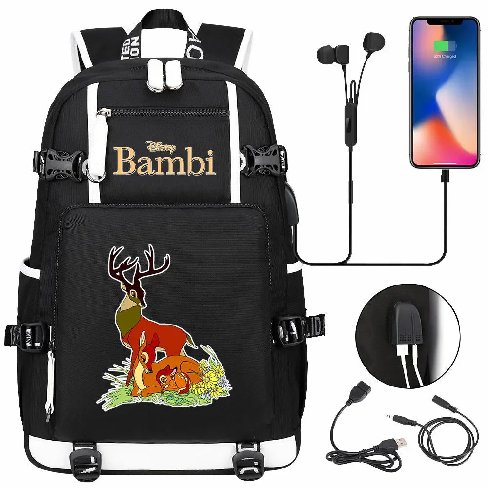 Bambi USB Teenagers Schoolbags Women Men Laptop Travel Backpack Girl Boys Kids School Book Bags