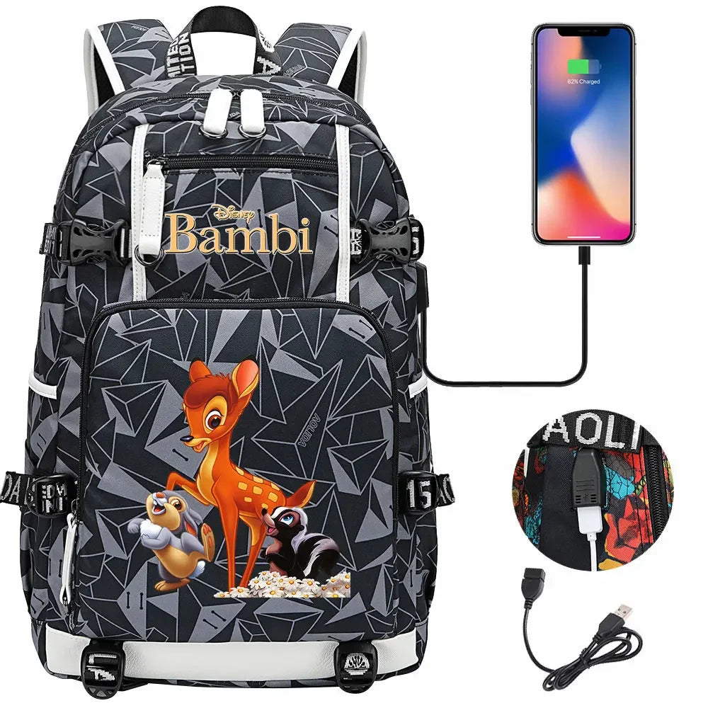 Bambi USB Teenagers Schoolbags Women Men Laptop Travel Backpack Girl Boys Kids School Book Bags