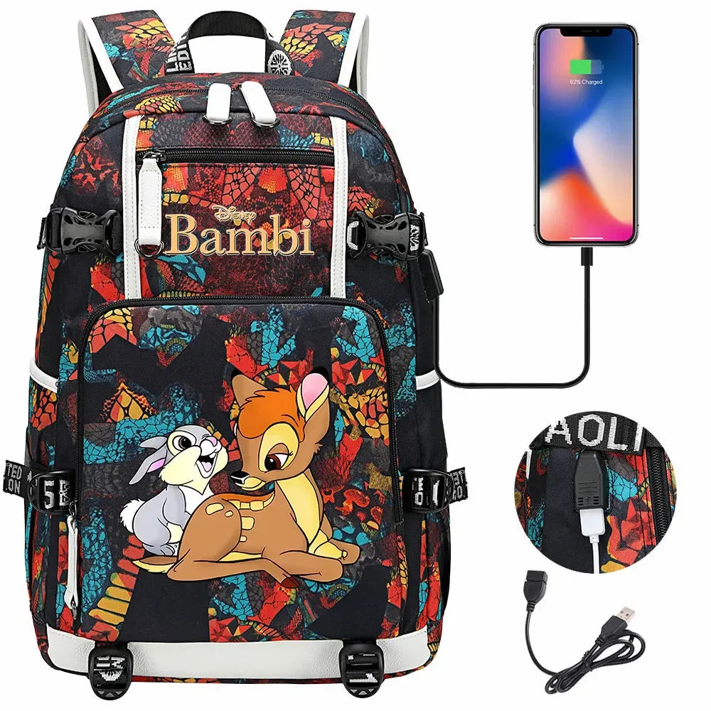 Bambi USB Teenagers Schoolbags Women Men Laptop Travel Backpack Girl Boys Kids School Book Bags