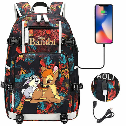 Bambi USB Teenagers Schoolbags Women Men Laptop Travel Backpack Girl Boys Kids School Book Bags